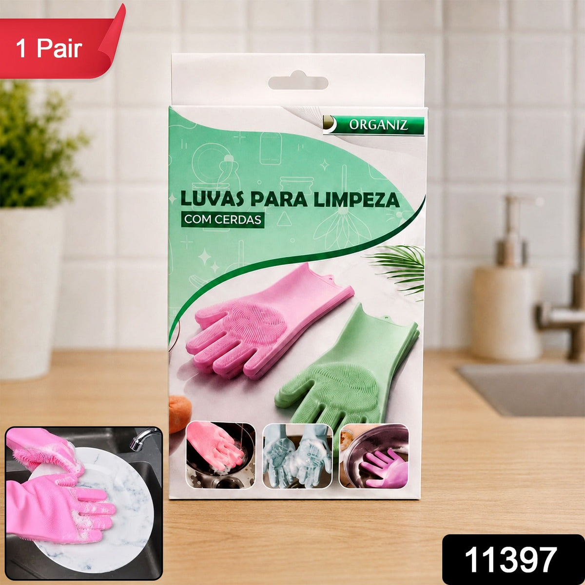 Product packaging for pink and green cleaning gloves with bristles, set on a kitchen counter, with a red "1 Pair" sticker.