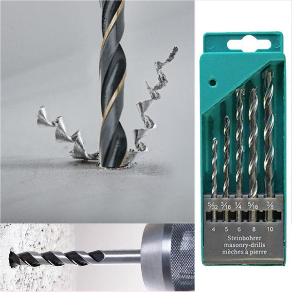 A split image shows a drill bit creating metal shavings and another drilling into a wall next to the drill bit set.
