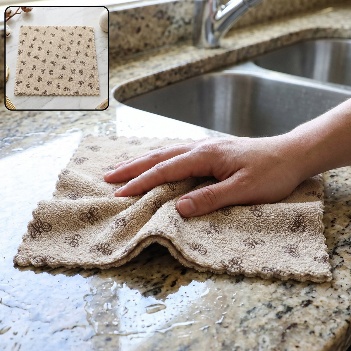 A hand wipes a wet granite countertop with a beige microfiber towel patterned with dark bows, next to a kitchen sink,