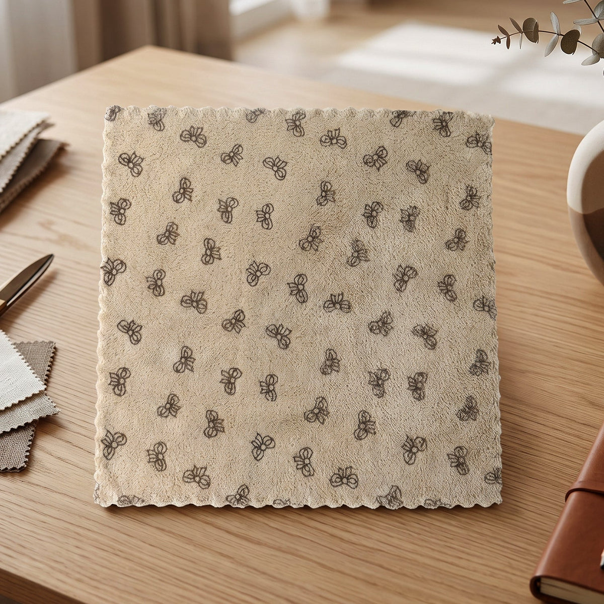 A beige microfiber towel with a dark bow pattern lies flat on a light wood table, with fabric swatches and a notebook nearby.