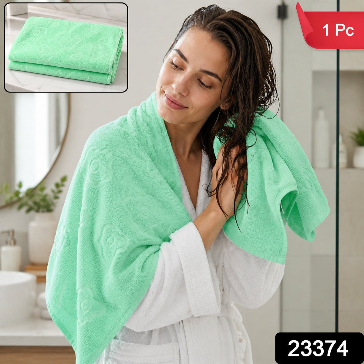 A woman in a white robe drying her wet hair with a light green towel, with a folded towel inset and product labels.