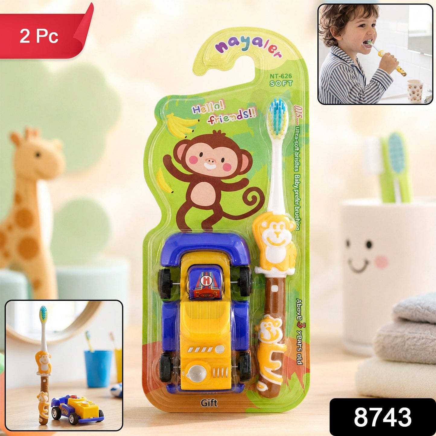 Kids Cartoon Toothbrush with Toy, Soft Bristle Children Brush (2 Pcs)