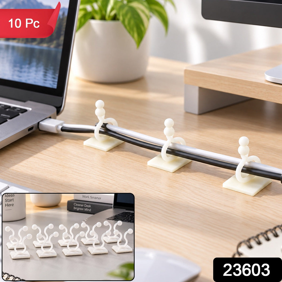 White self-adhesive clips securing black and white cables to a light wooden desk, with a '10 Pc' overlay.