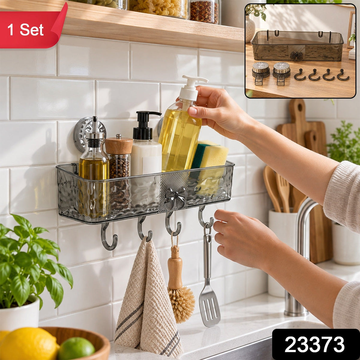 A person places a clear grey plastic shower caddy with four hooks onto a white tiled wall, filled with various – view 2