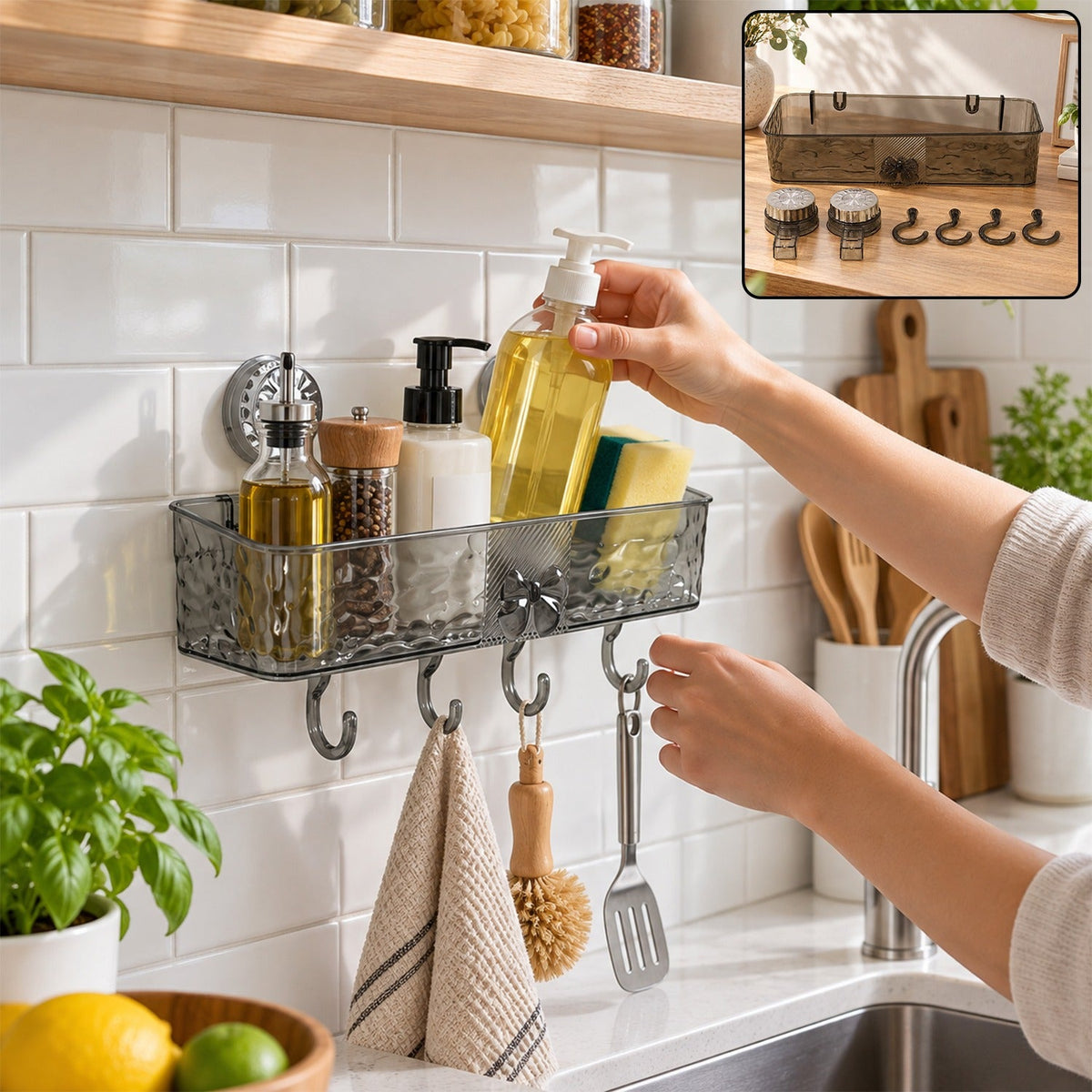 A person places a clear grey plastic shower caddy with four hooks onto a white tiled wall, filled with various bottles and