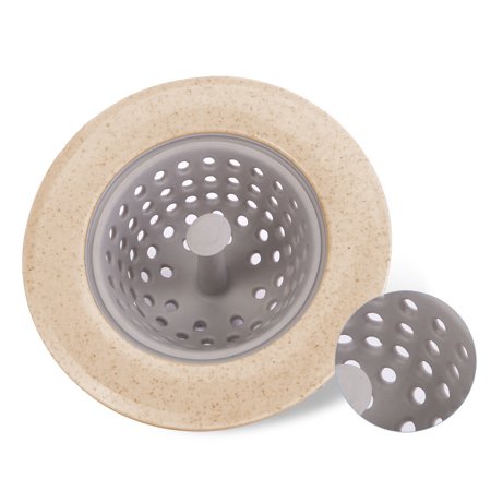 A beige and grey silicone sink strainer basket with a magnified inset showing the perforated grey center.
