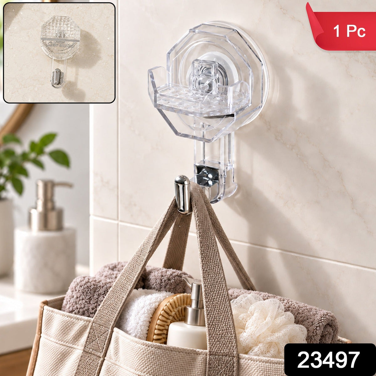 A clear octagonal self-adhesive wall hook with a silver hook, holding a beige tote bag, with '1 Pc' and '23497' labels.
