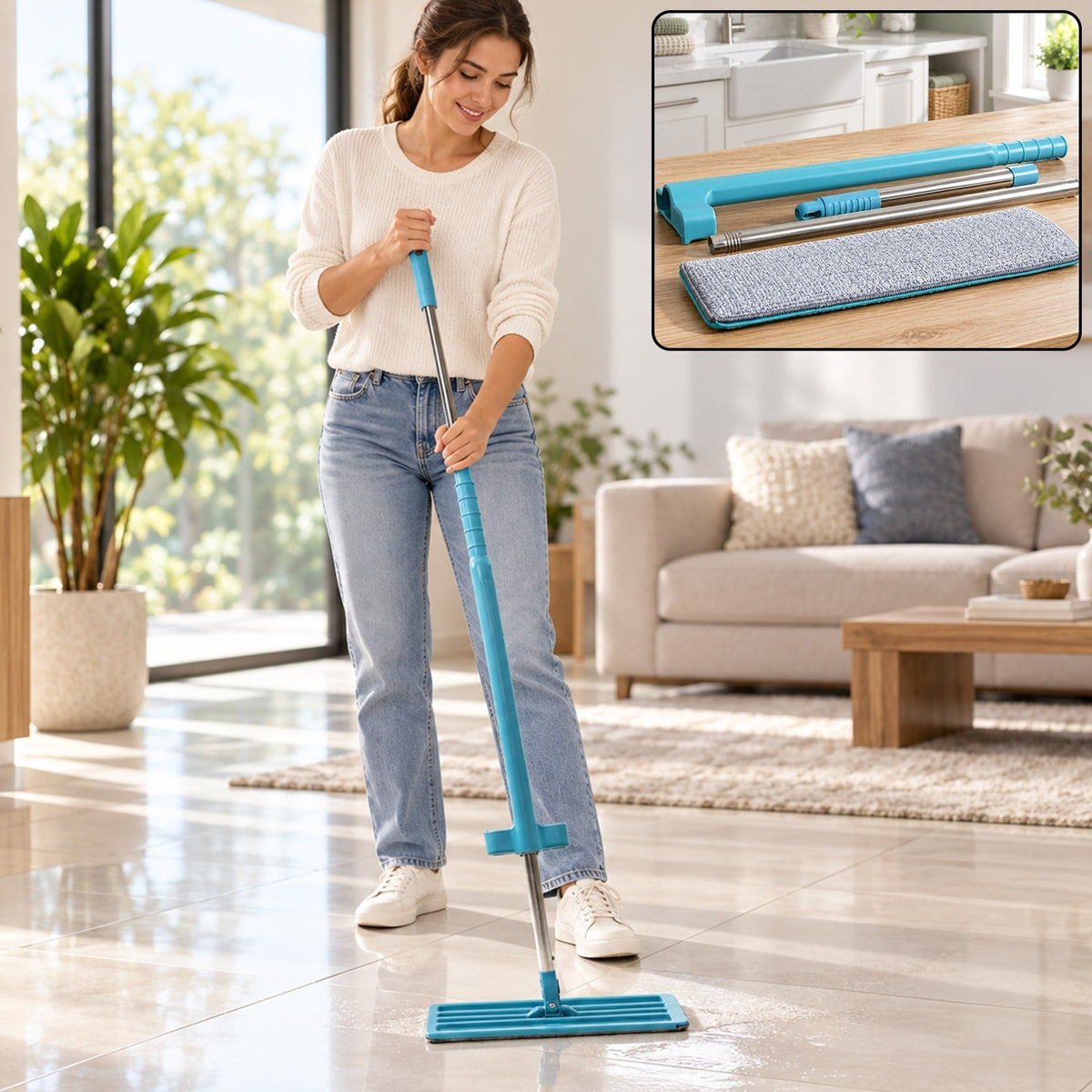 A woman in a white sweater and jeans mops a tiled floor with a blue and silver flat mop, with a kitchen inset.