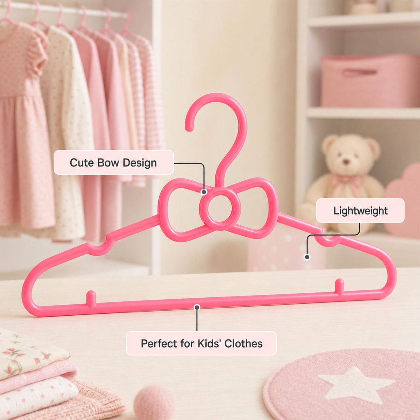 Kids Plastic Clothes Hangers Set of 4 Cute Bow (4 Pc Set)