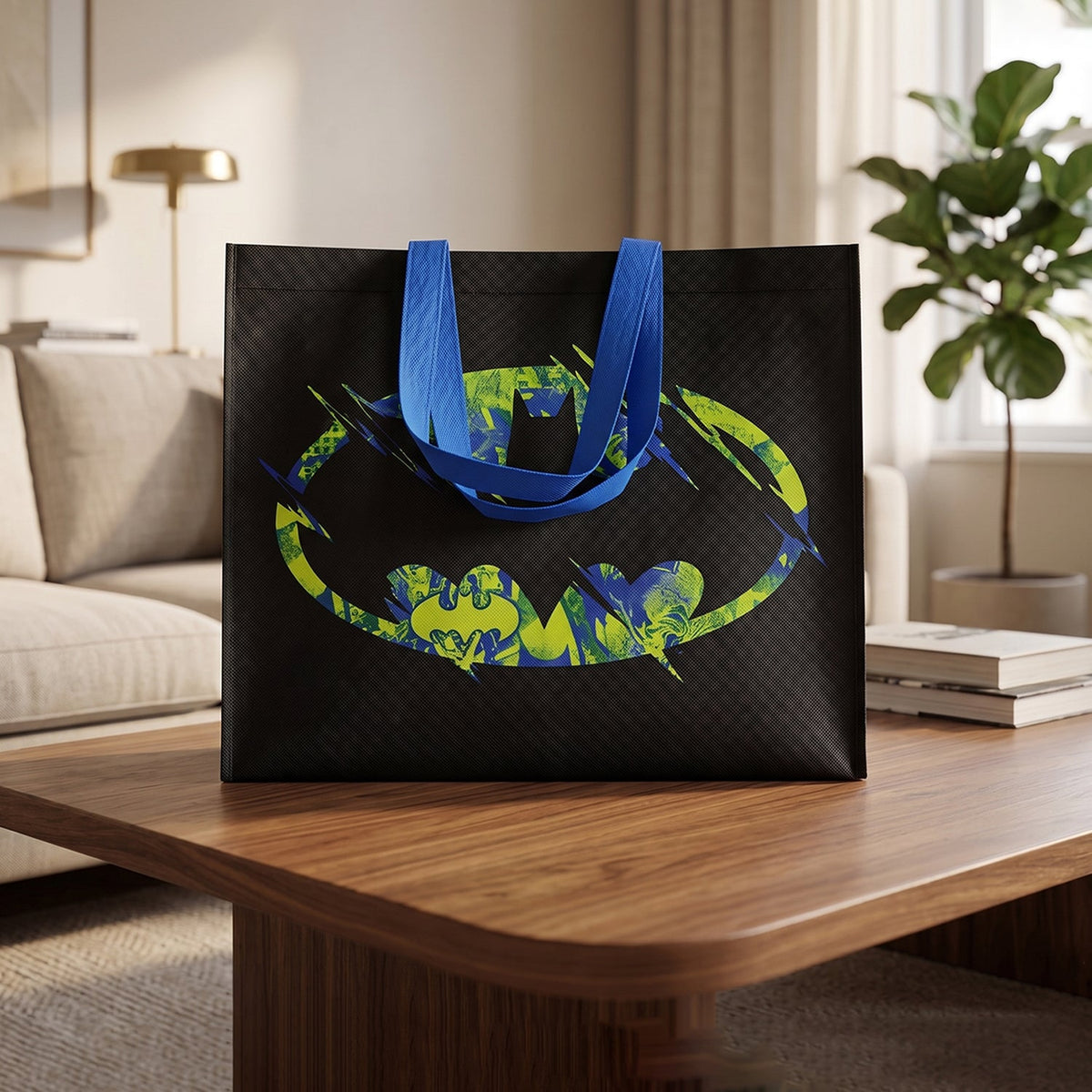 Black reusable tote bag with a distressed neon green and blue Batman logo on a wooden coffee table.