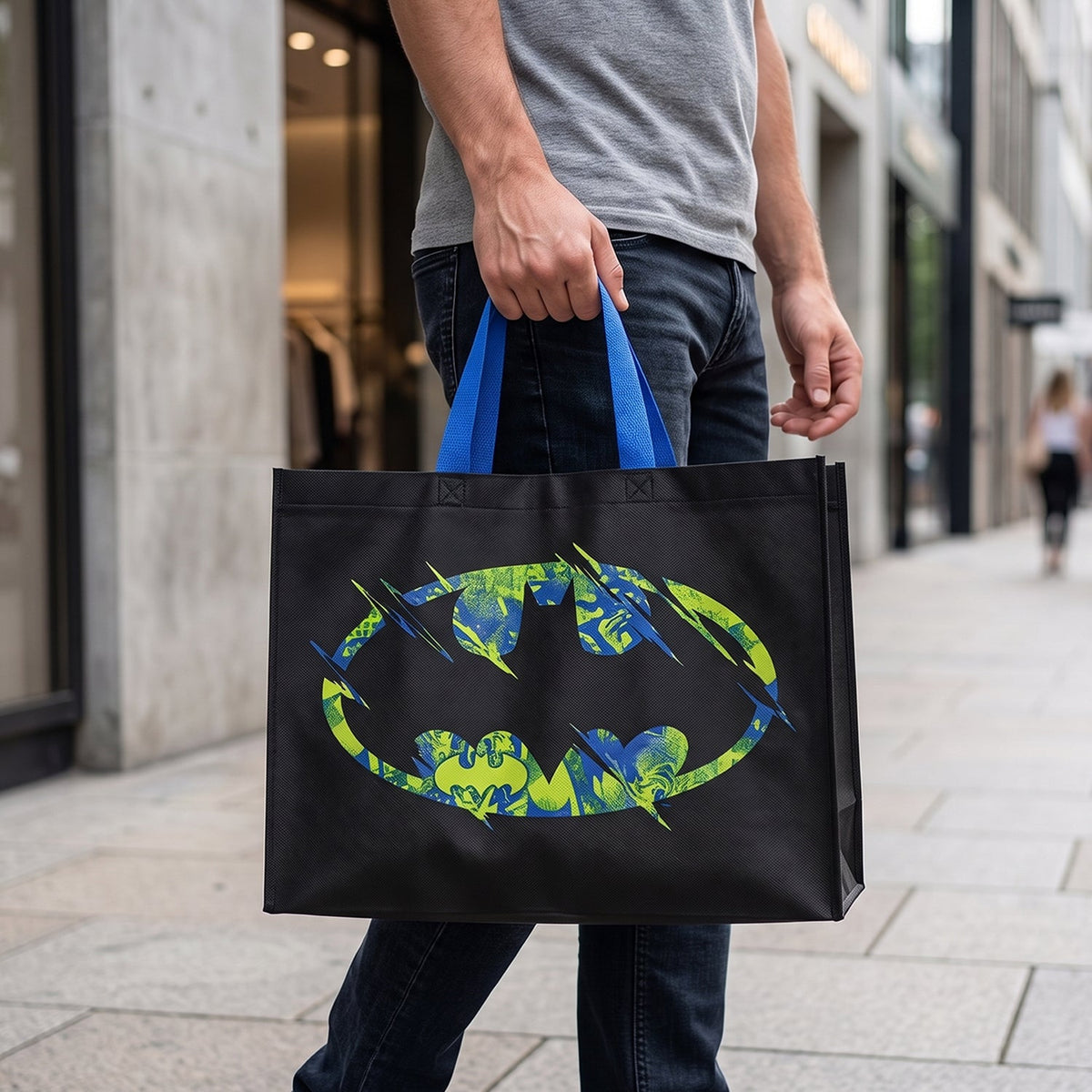 Person in jeans and a gray t-shirt carrying a black reusable tote bag with a distressed Batman logo.