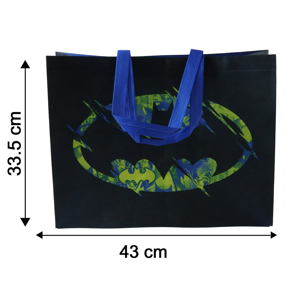 Black reusable tote bag with a distressed neon green and blue Batman logo, showing dimensions 33.5 cm by 43 cm.