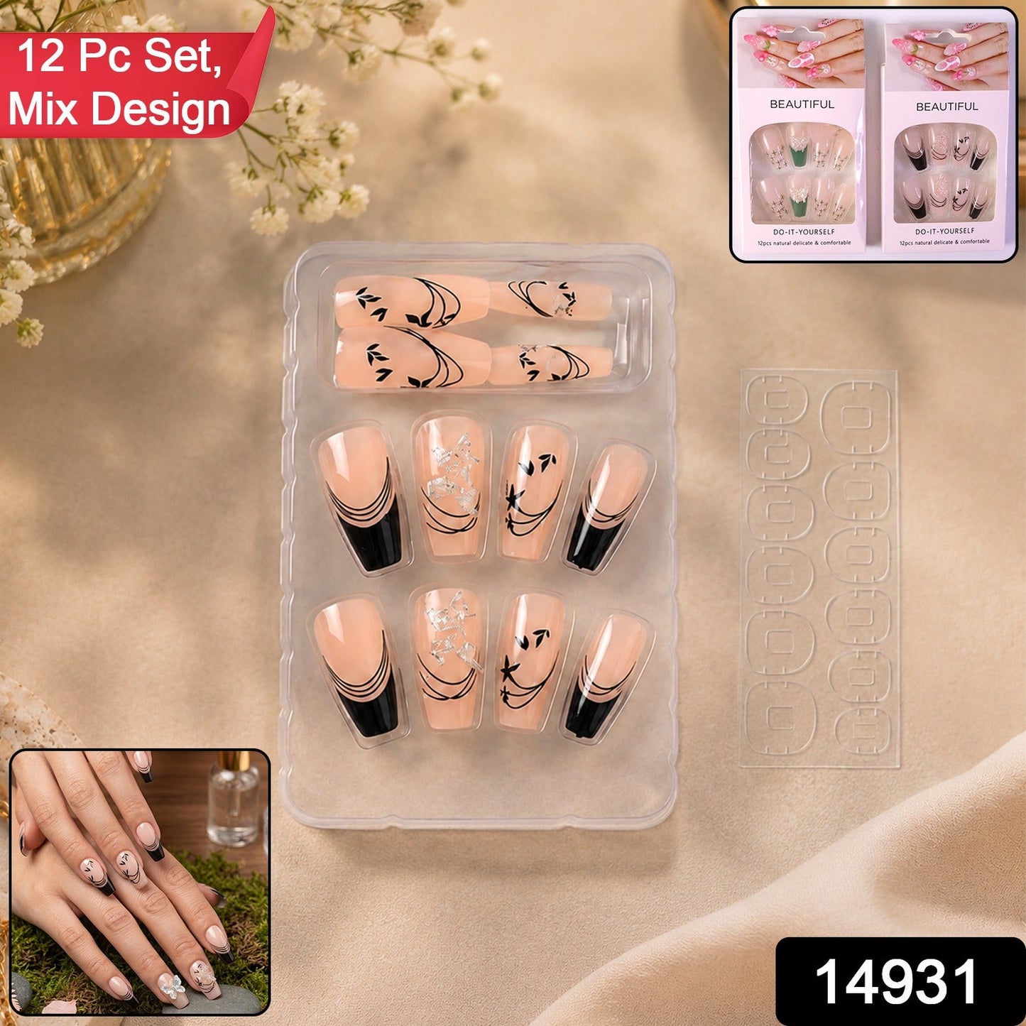 Burgundy Artificial Press-On Nails – Reusable Floral Set (Mix Design)