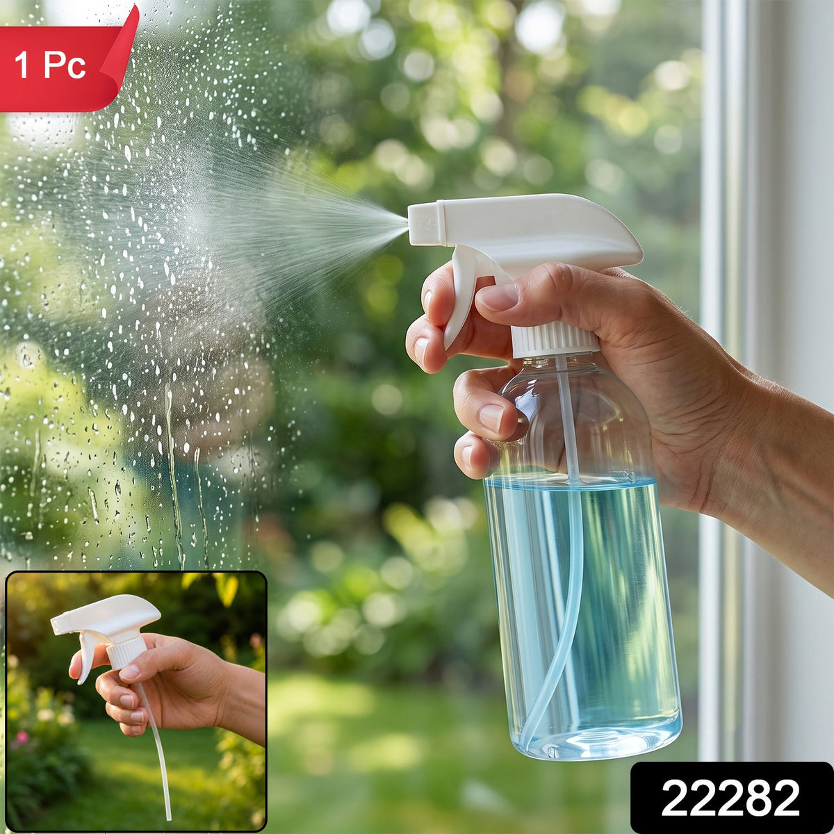 A hand holds a clear spray bottle with blue liquid, spraying water onto a windowpane, with an inset of the sprayer.