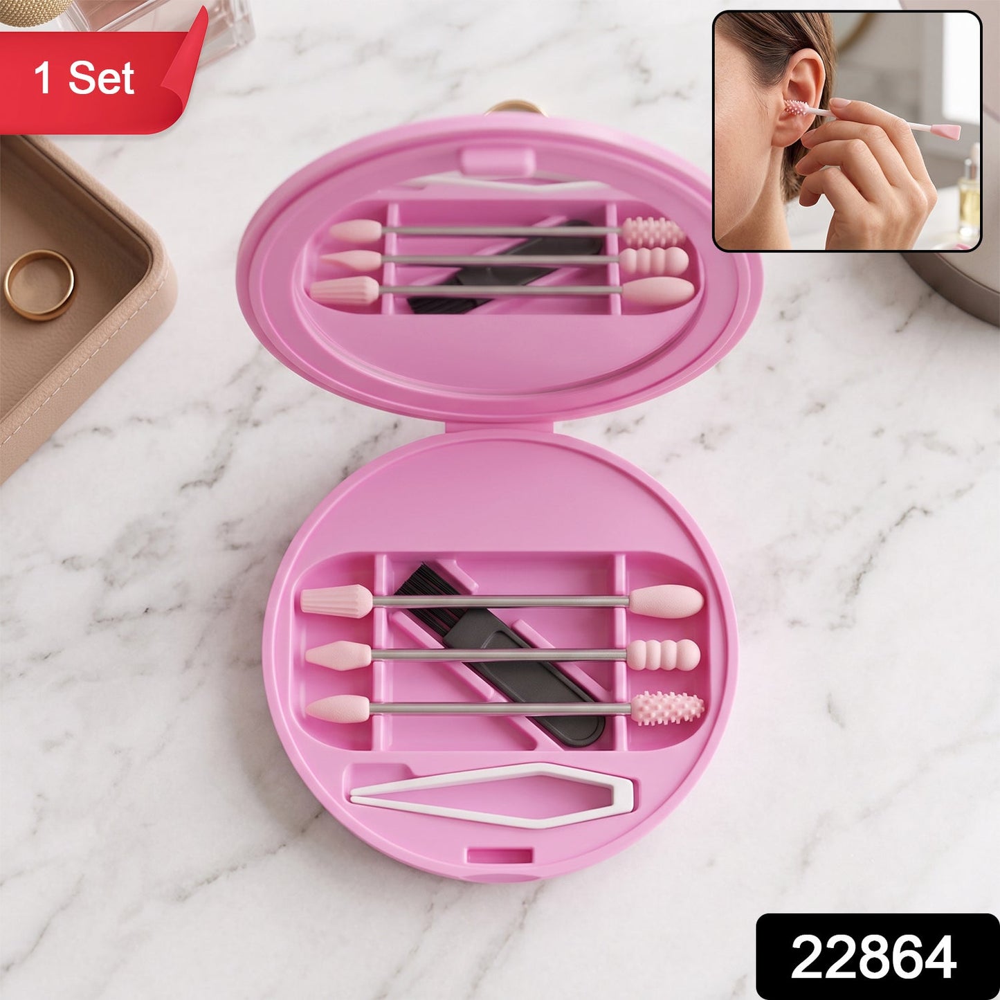 Reusable Silicone Cotton Swab Set with Mirror Case Washable Ear Buds (1 Set)