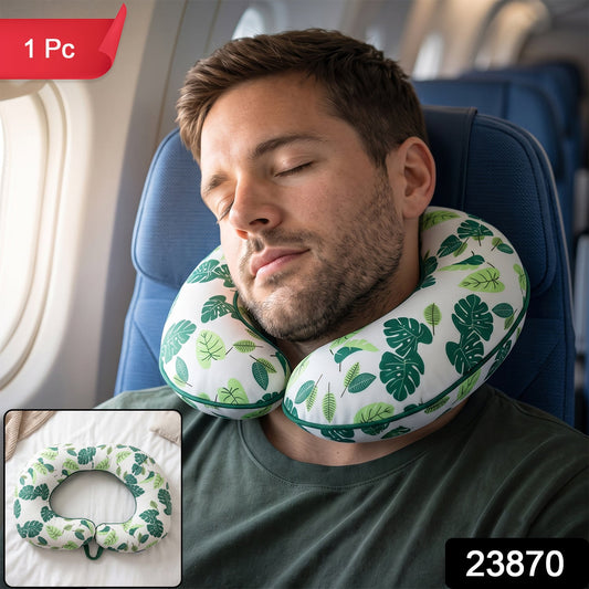 U Shaped Neck Pillow Green Leaf Print Travel Pillow Soft Head Support (1 Pc)