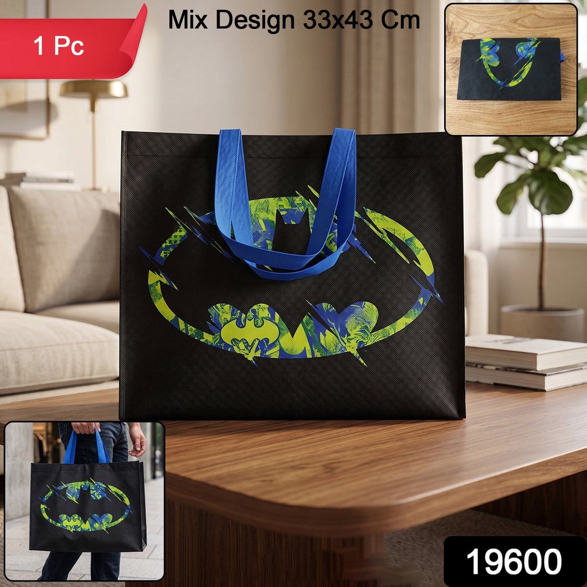 Black reusable tote bag with a distressed neon green and blue Batman logo on a coffee table.
