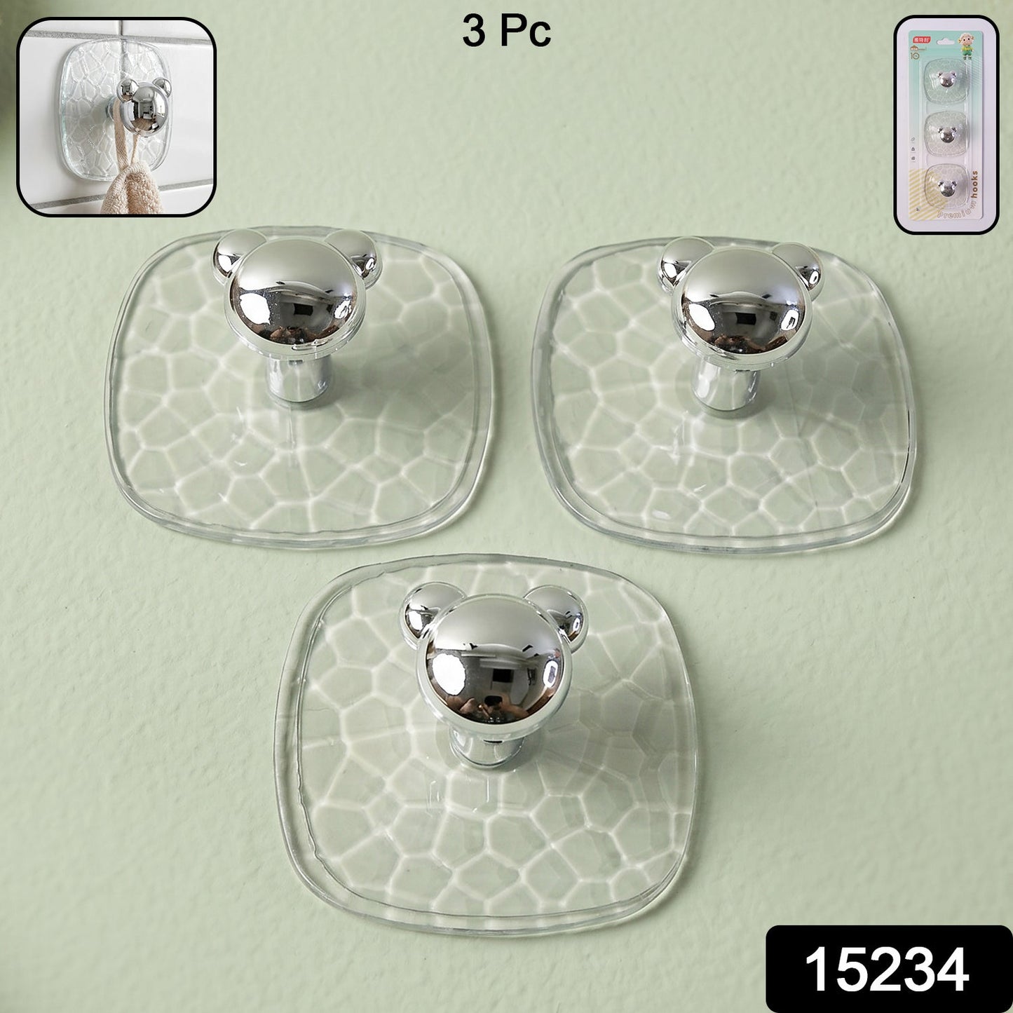 Adhesive Wall Hooks – Strong Clear Hold, No Damage 3 Pc Set - main product view