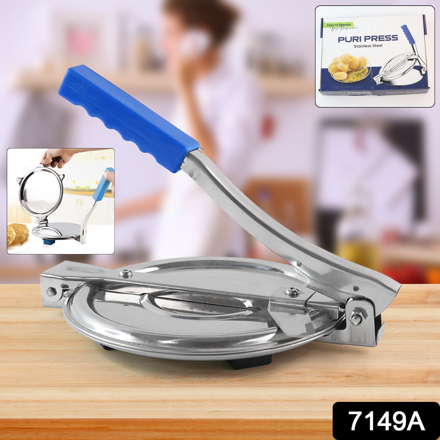 Close-up of the non-slip textured handle on the manual puri press maker.