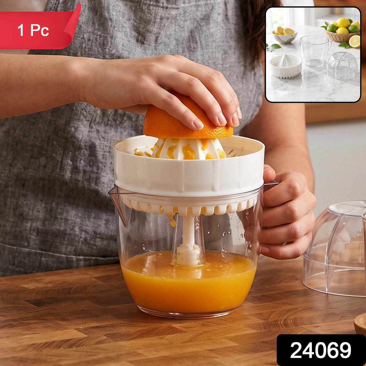 A person's hands squeezing an orange half onto a white plastic reamer, collecting juice in a clear cup, with a small inset