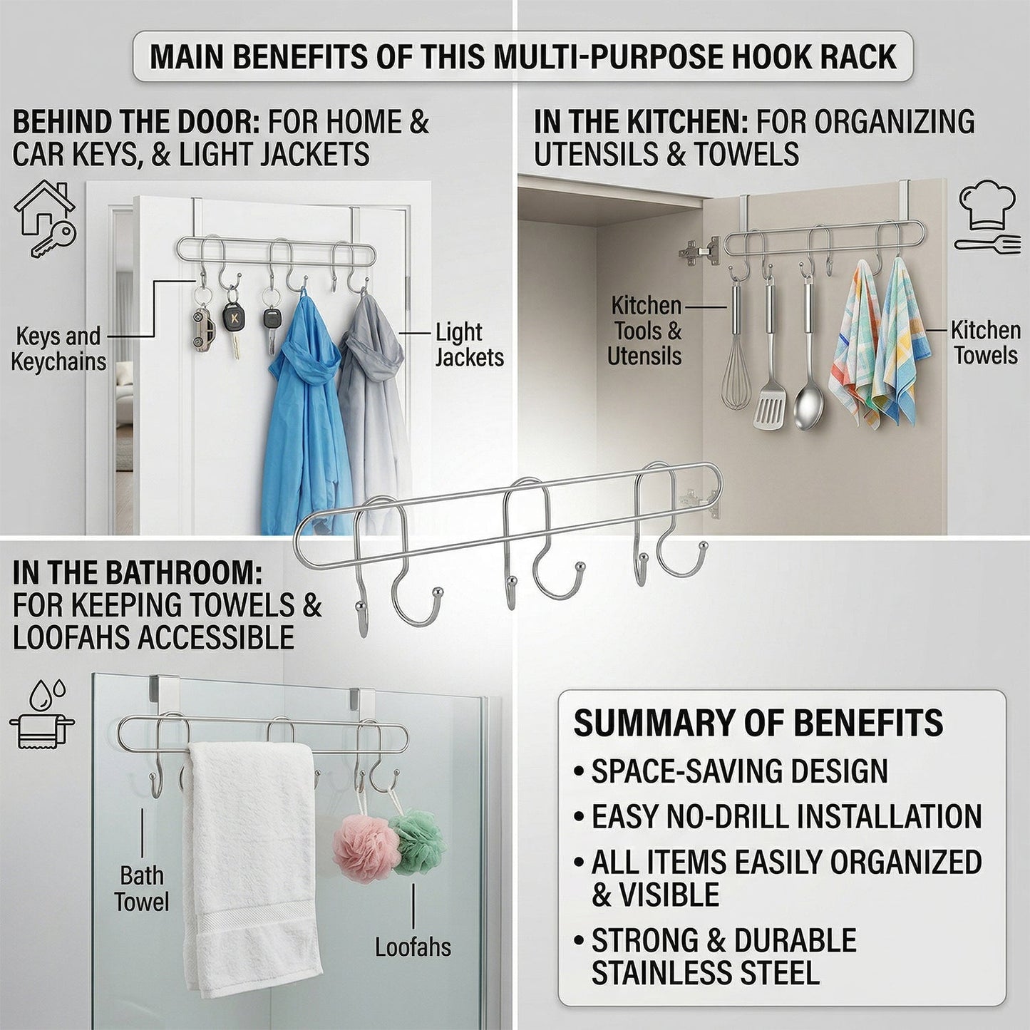 Heavy-Duty Wall Mounted Metal Hook Rack – Sleek & Organizer