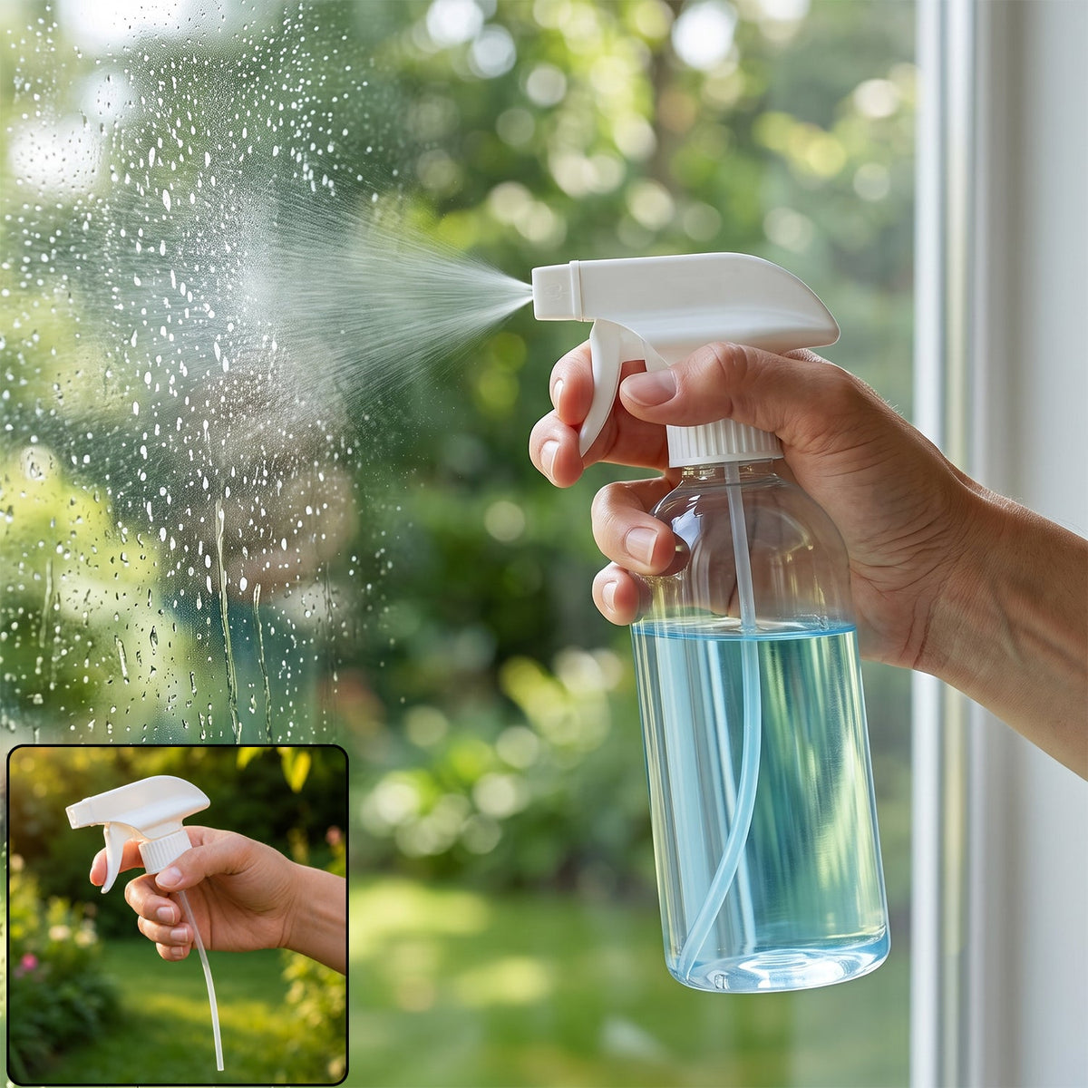 A hand holds a clear spray bottle with blue liquid, spraying water onto a windowpane, with an inset of the sprayer
