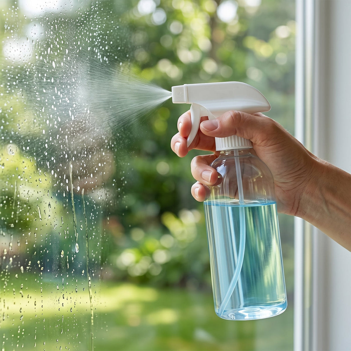 A hand holds a clear spray bottle with blue liquid, spraying water onto a windowpane.